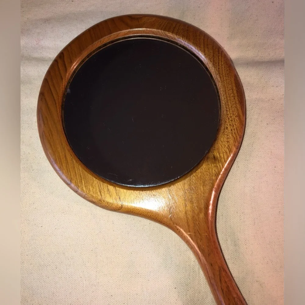 Wooden Round Long Handled Hand Mirror-Handcrafted/vintage 1980s -16.5” long